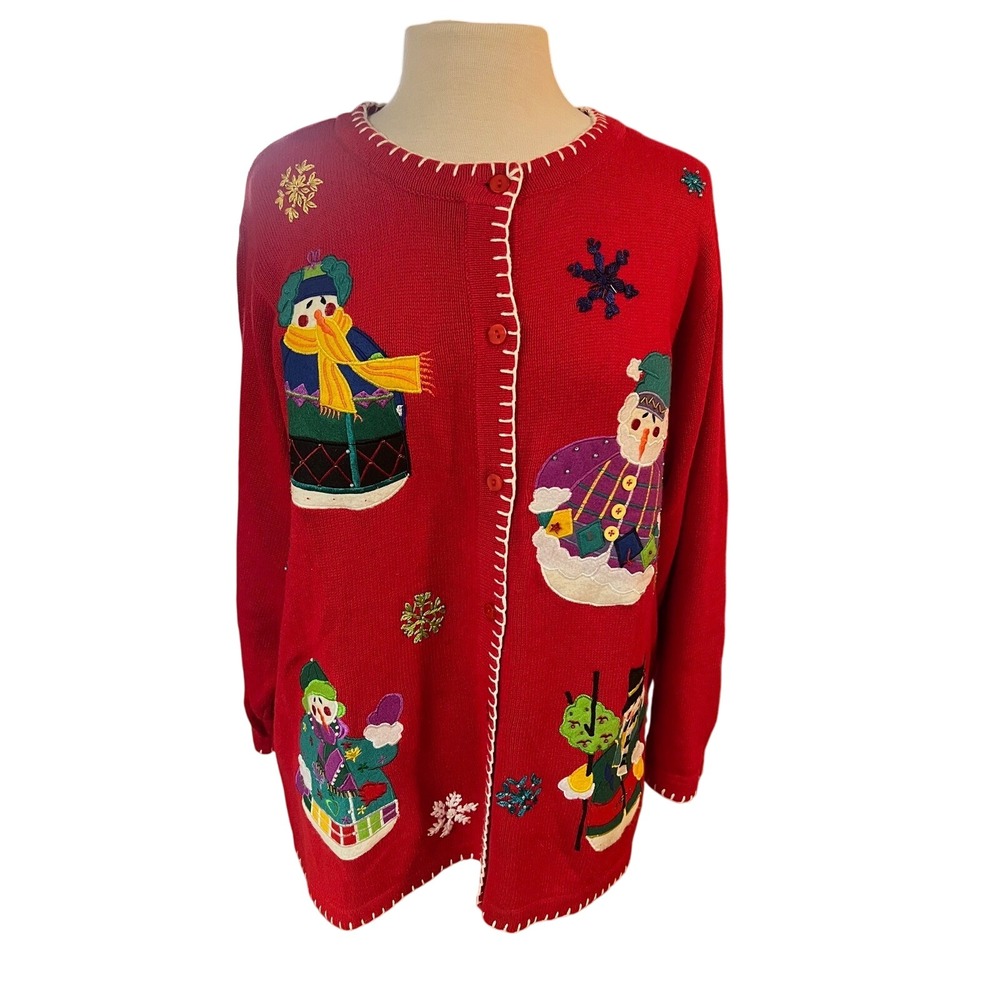 The Quacker Factory Ugly Christmas‎ Cardigan Red Snowman Holiday Sweater 1X